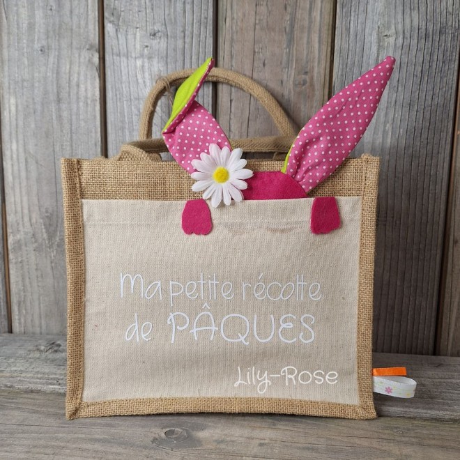 Petit sac en jute et coton lapin pois rose